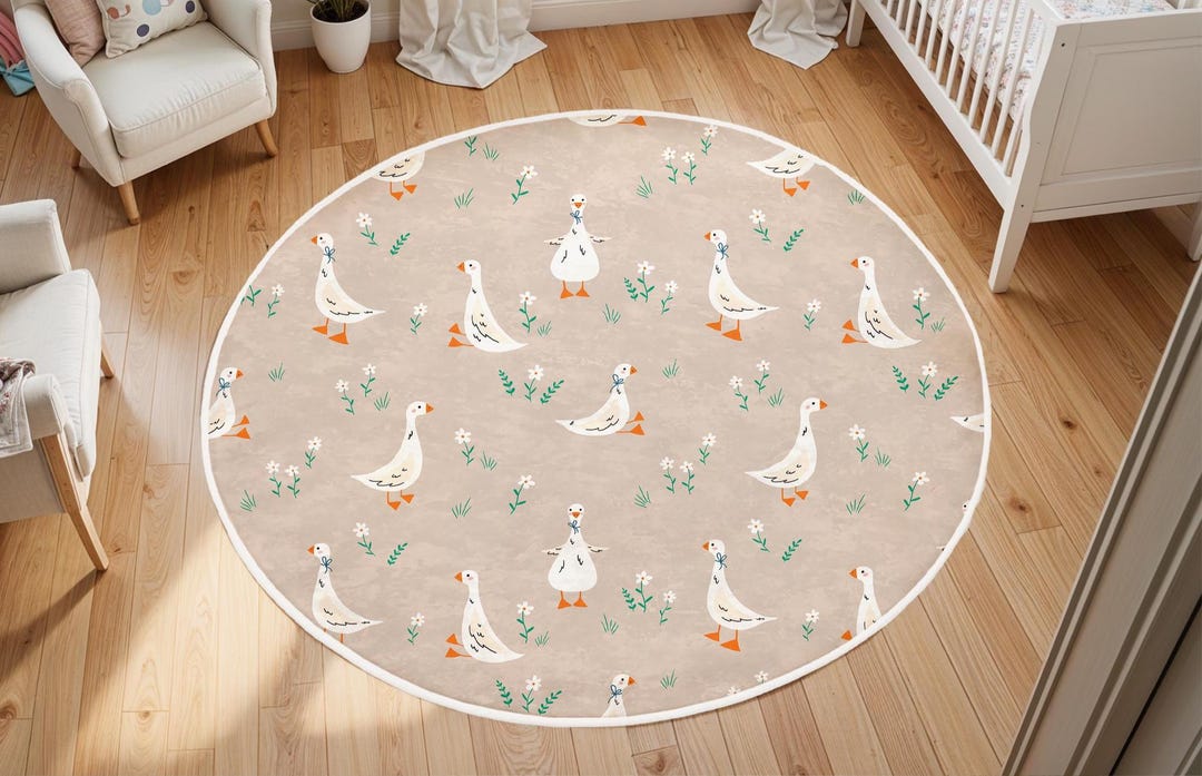Pink Duck Rug Flower Ducks Round Nursery Rug, Washable Play Mat, Non-slip Kids Room ...