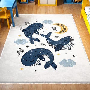 Playful Fish Nursery Rug,Ocean Animals Rug, Under The Sea Nursery Rug, Anti Slip Mat for Kid&#39;s Room, Whale Adventure Newborn Rug,Toddler Rug
