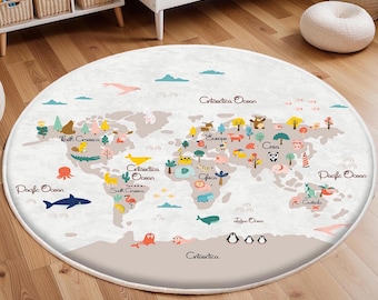 World Map with Animals Rugs, Nursery Rug, Kids Area Rug, Kids Room Rug, Printed Rug, Playroom Floor Rug, Washable Non Slip Soft Rug