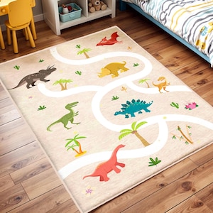 Dinosaurs Themed Washable Kid's Room Rug,Forest Road Nursery Play Mat,Beige And Green Kids Carpets,Handmade Kids Rug,Best Jurassic Kids Rugs