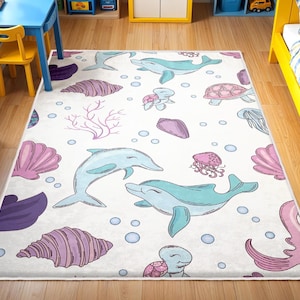 Playful Fish Nursery Rug,Ocean Animals Rug, Under The Sea Nursery Rug, Anti Slip Mat for Kid&#39;s Room, Whale Adventure Newborn Rug,Toddler Rug