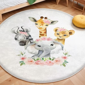 Safari Animal Lion Giraffe Kids Rug, Giraffe Nursery Rug, Baby Room Decor, Elephant Kids Rug, Non Slip Activity Rug, Washable Kids Rug