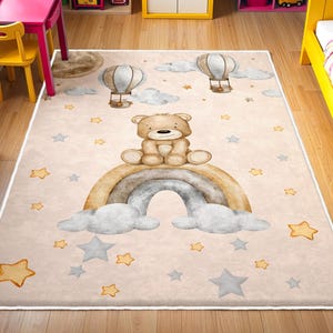 Teddybär Kinderzimmer Teppich, rechteckiger Teppich für Kinderzimmer, Baby Jungen Teppich, Teddybär Kindergarten Teppich, rutschfester Aktivitätsteppich, handgefertigter Kinderteppich