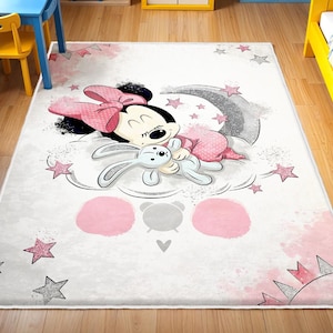 Minnie Maus Teppich, Schlafteppich, Baby Mädchen Spielzimmer Teppich, Waschbarer Runder Teppich für Kinderzimmer, rutschfest Kinderteppich, Micky Maus Teppich