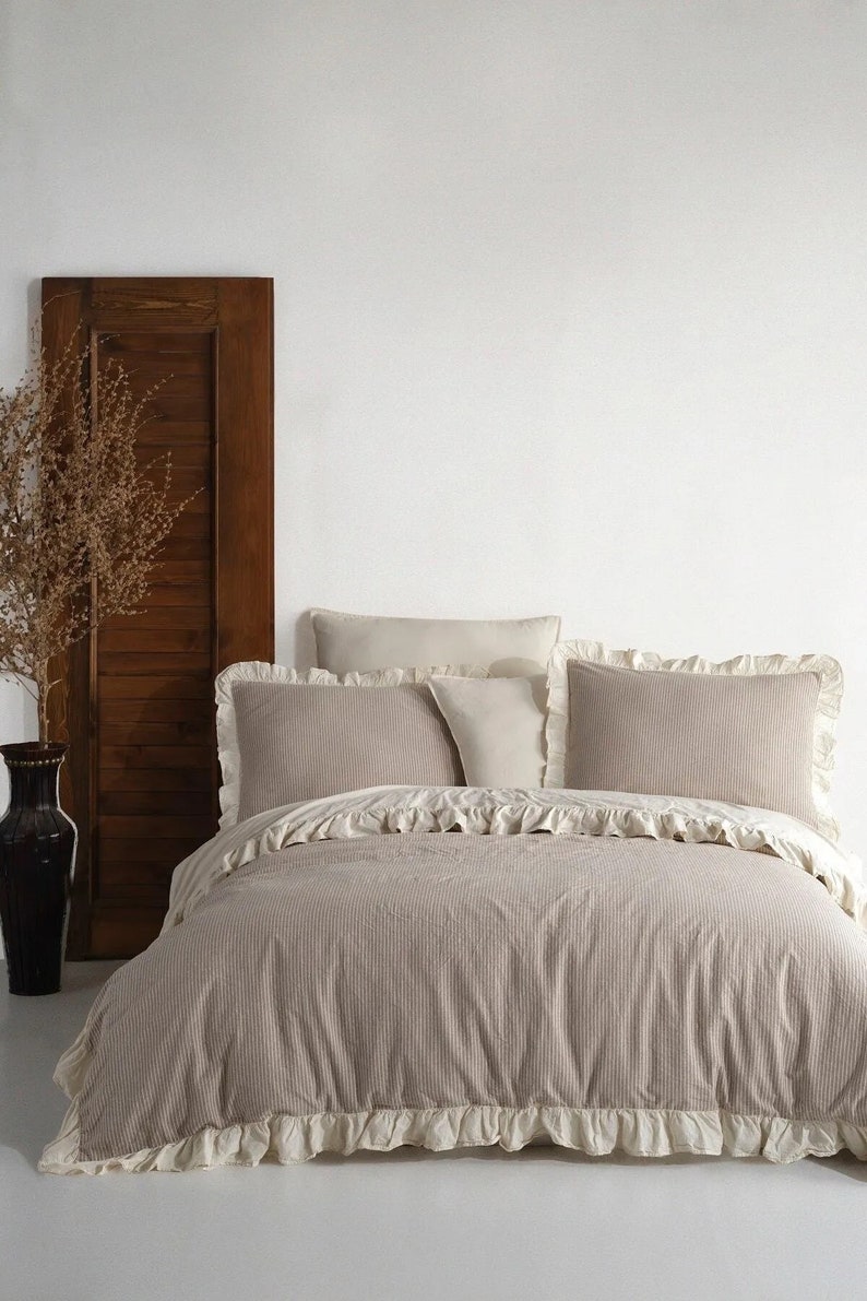 Beige and Brown Striped Ruffle Duvet Cover Set,rustic Style Cotton ...