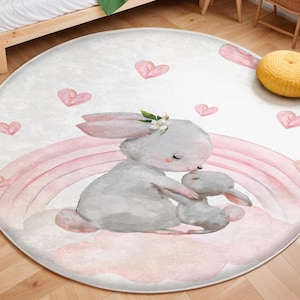 Kinderteppich Häschen, Mädchenzimmerteppich, Baby-Spielzimmerteppich, Waschbar, Kinderzimmerteppich, Kinderzimmerteppich
