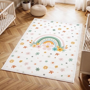 Rainbow Kids Room Mat, Floral Rainbow Kids Rug, Play Mat For Kids, Colorful Baby Room Carpet, Anti-Slip Washable Nursery Mat, Nursery Rug