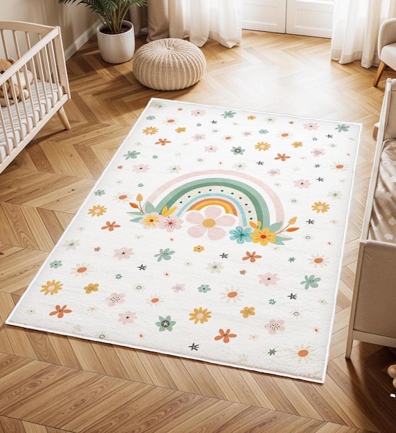 Flower Floor Mat / Rainbow × Ecru beige Flower Floor Mat Rainbow