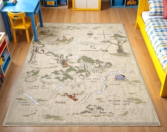 May include: A Winnie the Pooh themed rug with a map of the Hundred Acre Wood. The rug features various locations from the stories, including Pooh's house, the Woozle's home, and the Hundred Acre Wood. The rug is beige with brown and green accents.