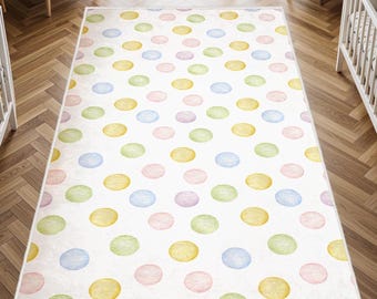 Polka Dot Washable Kids Rug, Soft Nursery Play Mat, Colorful Baby Room Carpet, Anti-Slip Washable Nursery Mat, Nursery Rug, Baby Room Decor