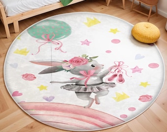 Ballerina Bunny Kids Rug, Girls Room Rug, Baby Playroom Mat, Washable Nursery Rug, Play Mat, Rabbit Baby Carpet, Bestselling Kids Room Rug