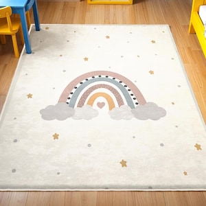 Rainbow Kids Room Rug, Cloud Rainbow Kids Rug, Play Mat For Kids, Colorful Baby Room Carpet, Anti-Slip Washable Nursery Mat, Nursery Rug