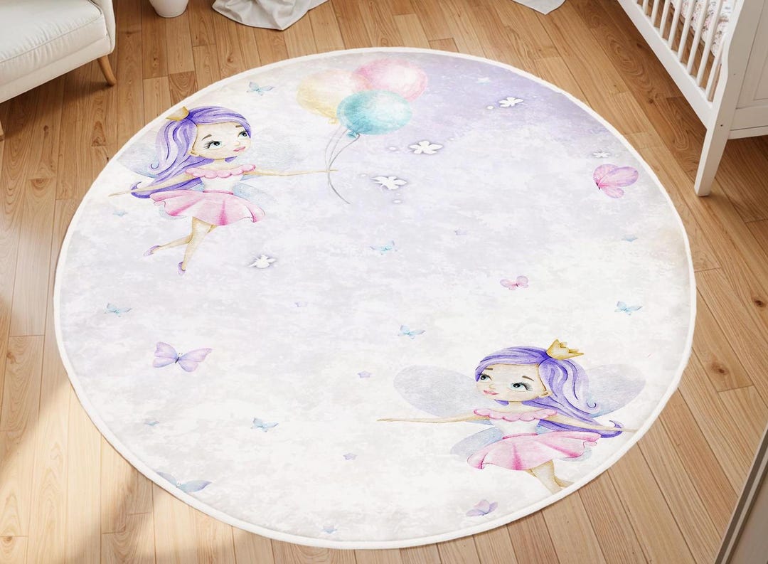 Fairy Rug Round Watercolor Fairy Girl Nursery Rug Soft Non-slip Kids Play Area Carpet ...