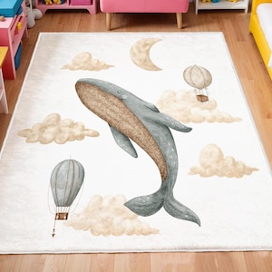 Watercolor Ocean Nursery Rug,Ocean Animals Rug, Under The Sea Nursery Rug, Anti Slip Mat for Kid&#39;s Room, Whale Adventure Newborn Rug