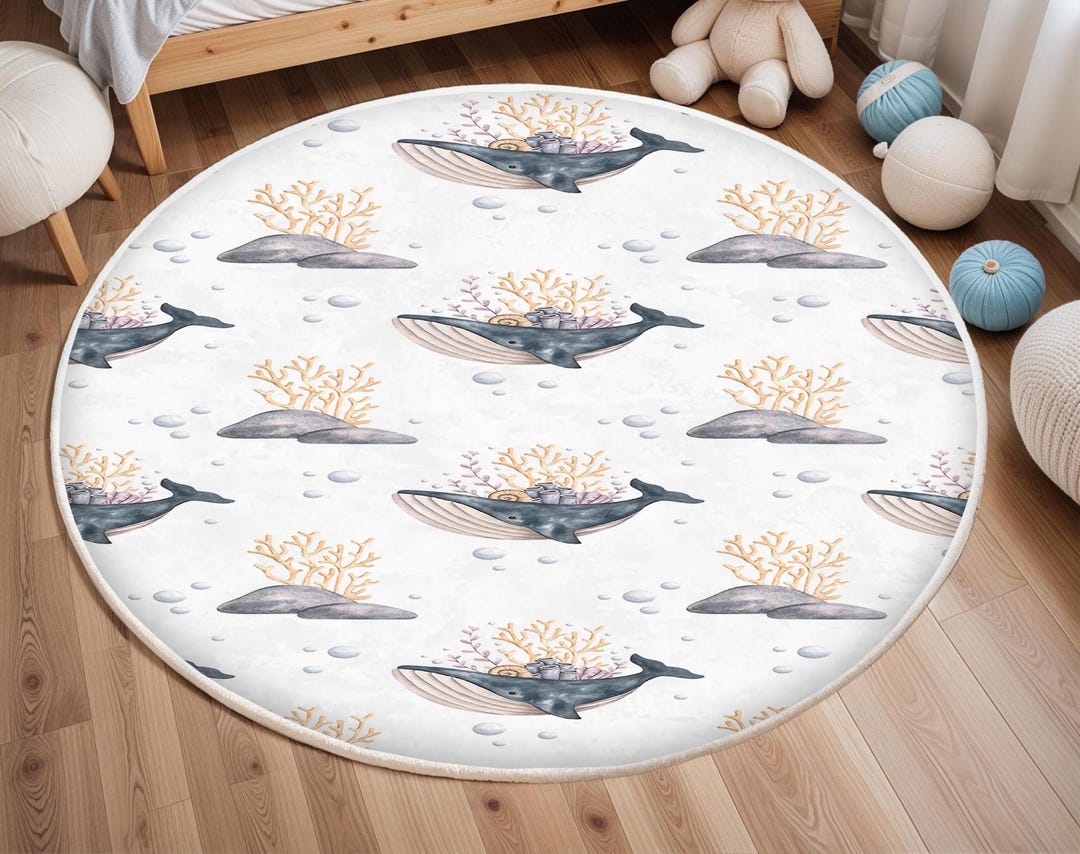Ocean Animals Kids Room Mat, Whale Nursery Rug, Anti-slip Rug, Playful ...