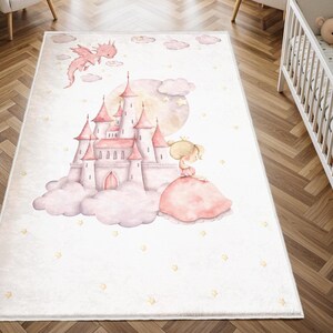 Alfombra infantil Castillo de Dragón, Alfombra decorativa para habitación de niña Princesa, Alfombra de juegos para niños
