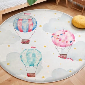 Hot Air Balloon Kids Rug, Nursery Rug, Kids Area Rug, Washable Non Slip Soft Rug, Play Rug, Toddler Boys Rug, Pink Hot Air Balloon Baby Rug