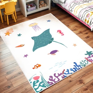 Playful Fish Nursery Rug,Ocean Animals Rug, Under The Sea Nursery Rug, Anti Slip Mat for Kid&#39;s Room, Whale Adventure Newborn Rug,Toddler Rug