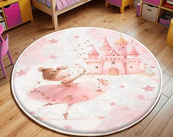 Ballerina Kids Rug, Girls Room Rug, Baby Playroom Mat, Washable Nursery Rug, Play Mat, Princess Castle Nursery Rug, Non-Slip Toddler Rug