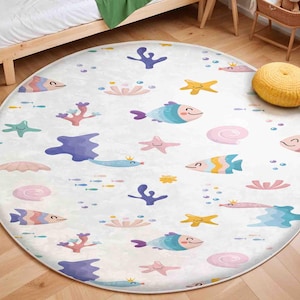 Playful Fish Nursery Rug, Round Ocean Animals Rug Under the Sea Theme, Anti Slip Mat for Kid&#39;s Room, Whale Adventure Newborn Rug,Toddler Rug