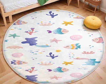 Playful Fish Nursery Rug, Round Ocean Animals Rug Under the Sea Theme, Anti Slip Mat for Kid's Room, Whale Adventure Newborn Rug,Toddler Rug