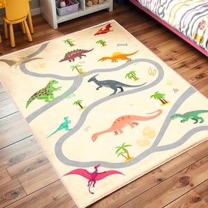 Dinosaurs Themed Washable Kid's Room Rug,Forest Road Nursery Play Mat,Beige And Green Kids Carpets,Handmade Kids Rug,Best Jurassic Kids Rugs