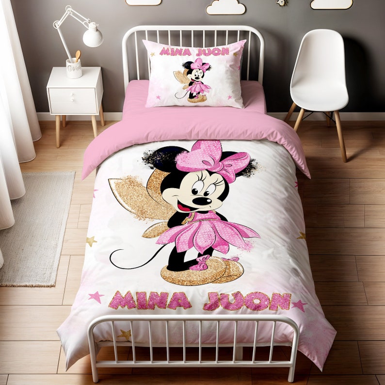 Minnie Mouse Duvet Cover Set,Birthday gift, bedroom decor,comforter,Duvet Cover Two Piece Set,Kids Bedding,Toodler Bedding,Minnie Bedding Gold