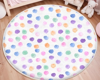Colorful Polka Dot Washable Kids Rug, Soft Nursery Play Mat, Colorful Baby Room Carpet, Anti-Slip Washable Nursery Mat, Nursery Rug
