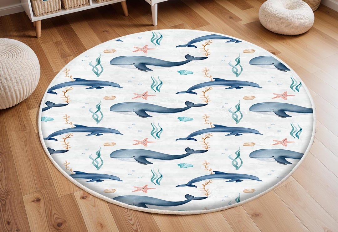 Whale Nursery Rug, Ocean Animals Kids Room Mat, Anti-slip Rug, Playful ...
