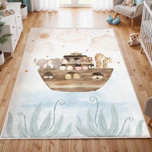 Noah Ark Animal Nursery Rug, Christian Noah's Ark Nursery Mat, Safari Animals Carpet, Baby Room Decor, Baby Baptism Gift,Animal Playroom Rug