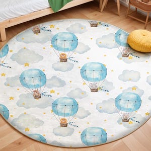 Hot Air Balloon Kids Rug, Nursery Rug, Cloud Area Rug, Washable Non Slip Soft Rug, Play Rug, Toddler Boys Rug, Blue Hot Air Balloon Baby Rug