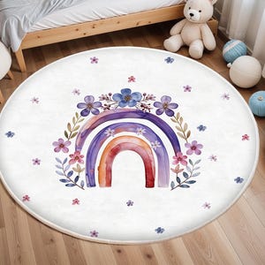 Floral Rainbow Kids Rug, Rainbow Kids Room Mat, Play Mat For Kids, Colorful Baby Room Carpet, Anti-Slip Washable Nursery Mat, Nursery Rug