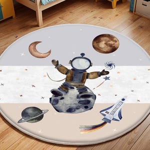 Space Themed Cute Kid&#39;s Rug, Adventurous Astronaut Childen&#39;s Mat, Kids Room Decor, Washable Kids Rug, Planet rug, Play Mat With Rocket