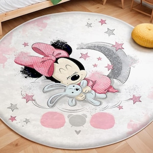 Minnie Mouse Rug, Sleeping Minnie Rug, Baby Girl Playroom Mat, Washable Round Nursery Rug, Non Slip Kids Rug, Mickey Mouse Rug, Nursery Mat