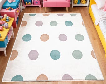 Colorful Polka Dot Washable Kids Rug, Soft Nursery Play Mat, Colorful Baby Room Carpet, Anti-Slip Washable Nursery Mat, Nursery Rug