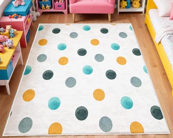 Colorful Polka Dot Washable Kids Rug, Soft Nursery Play Mat, Colorful Baby Room Carpet, Anti-Slip Washable Nursery Mat, Nursery Rug