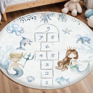 Hopscotch Ocean Kids Play Mat, Learning Number Kids Mat, Nursery Rug, Baby Fish Carpet, Baby Boys Room Decor, Castle Kids Rug, Playroom Rug