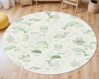 Alfombra infantil con animales del océano en acuarela, alfombra para niños, alfombra suave antideslizante lavable, alfombra de juego, alfombra para niños