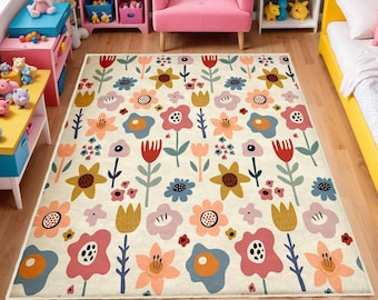 Watercolor Wild Florals Rug, Nursery Rug, Kids Area Rug, Washable Non Slip Soft Rug, Play Rug, Girls Rug, Flower Baby Room Rug