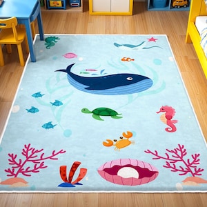 Playful Fish Nursery Rug,Ocean Animals Rug, Under The Sea Nursery Rug, Anti Slip Mat for Kid&#39;s Room, Whale Adventure Newborn Rug,Toddler Rug