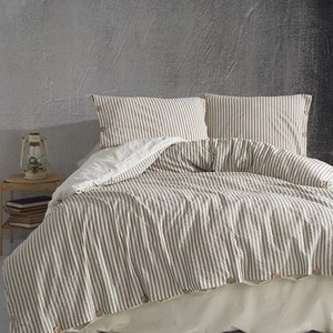 Beige and brown stripe cotton duvet cover, washed cotton bedding, natural cotton comforter cover Classic Stripes Bedding Set,Wedding gifts