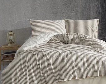 Beige and brown stripe cotton duvet cover, washed cotton bedding, natural cotton comforter cover Classic Stripes Bedding Set,Wedding gifts