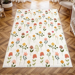 Watercolor Wild Florals Rug, Nursery Rug, Kids Area Rug, Washable Non Slip Soft Rug, Play Rug, Girls Rug, Flower Baby Room Rug