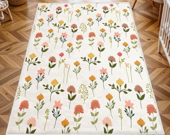 Watercolor Wild Florals Rug, Nursery Rug, Kids Area Rug, Washable Non Slip Soft Rug, Play Rug, Girls Rug, Flower Baby Room Rug