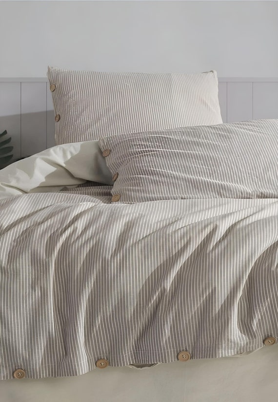 Beige and Brown Stripe Cotton Bedding Set, Classic Stripes Bedding Set, Washed Cotton Bedding Set, Modern Striped Comforter and Sheet Set