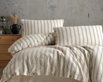 Stripes Cotton Bedding Set, Modern Striped Comforter and Sheet Set, Stripes Comforter Set, Quilt Fastener Gift, Twin Size bedding