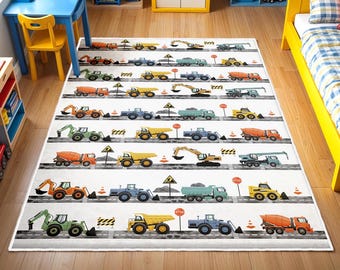 Construction Trucks Rugs, Nursery Rug, Kids Area Rug, Washable Non Slip Soft Rug, Play Rug, Boys Rug, Car Baby Boys Rug, Kids Car Rug