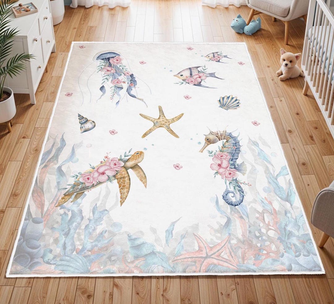 Sea Rug Animal Watercolor Ocean Animals Nursery Rug, Playful Fish Nursery Rug, Under ...