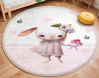 Bunny Kids Rug, Girls Room Rug, Baby Playroom Mat, Washable Nursery Rug, Play Mat, Rabbit Baby Carpet, Bestselling Kids Room Rug