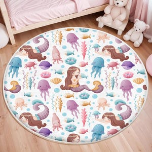 Mermaid Kids Rug, Playful Fish Nursery Rug, Round Ocean Animals Rug Under the Sea Theme, Anti Slip Mat for Kid&#39;s Room, Toddler Baby Rug
